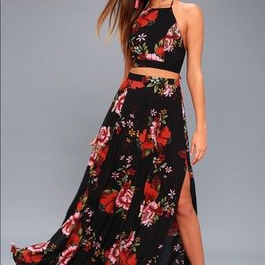 Lulu’s Valeria Black Floral Two-Piece Maxi Dress